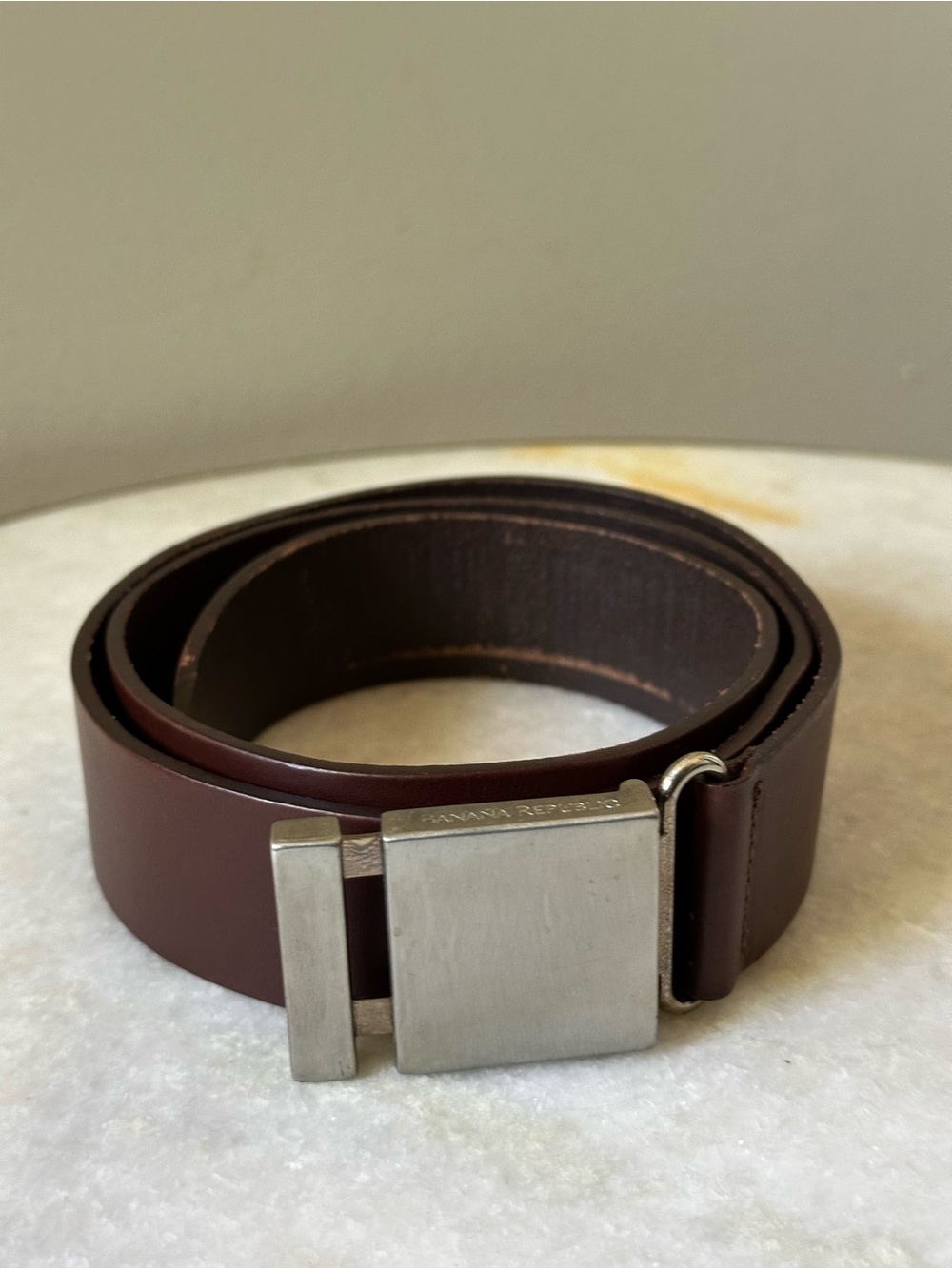 Banana Republic Brown Leather Belt Brushed Silver Buckle Sz M 34-36” Minimalist